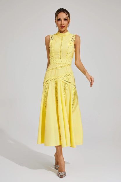 Allegra | Women's Sleeveless Lace Midi Yellow Wedding Guest Dress