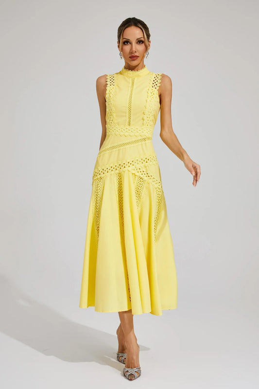 Allegra | Women's Sleeveless Lace Midi Yellow Wedding Guest Dress