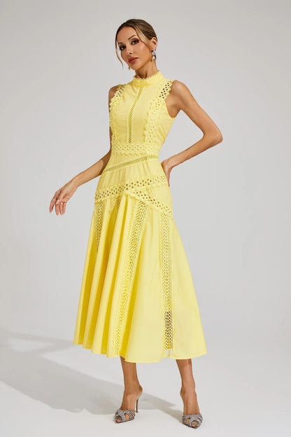 Allegra | Women's Sleeveless Lace Midi Yellow Wedding Guest Dress