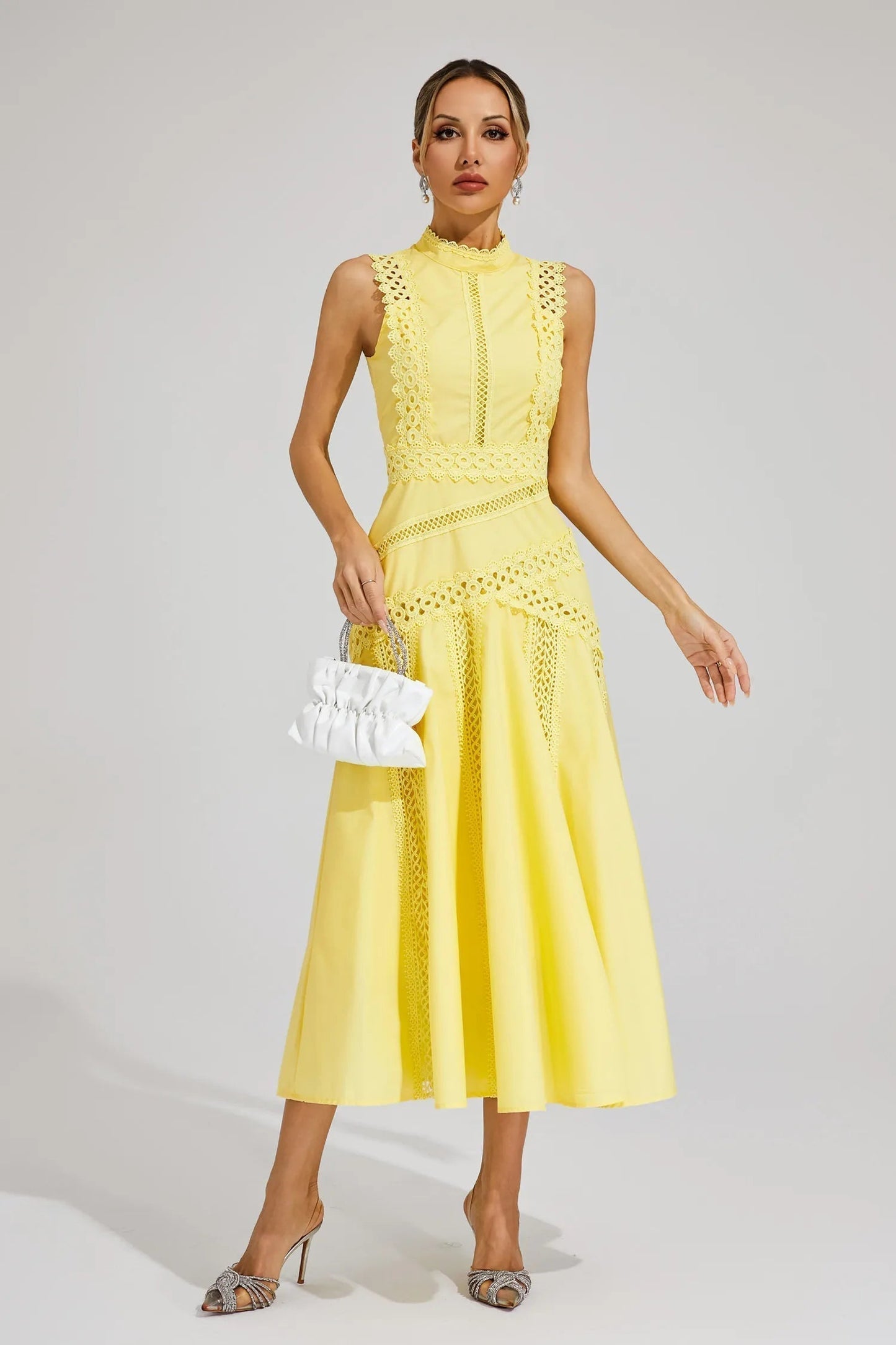 Allegra | Women's Sleeveless Lace Midi Yellow Wedding Guest Dress