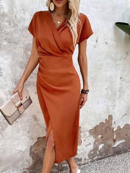 Alethea | Women's Elegant Burnt Orange Wrap V Neck Midi Wedding Guest Dress