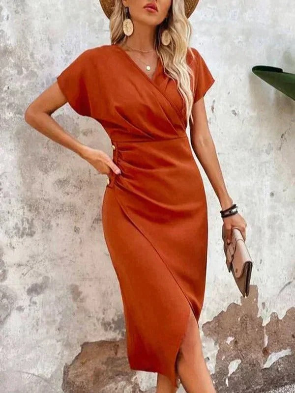 Alethea | Women's Elegant Burnt Orange Wrap V Neck Midi Wedding Guest Dress
