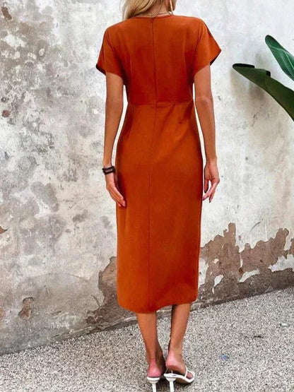 Alethea | Women's Elegant Burnt Orange Wrap V Neck Midi Wedding Guest Dress