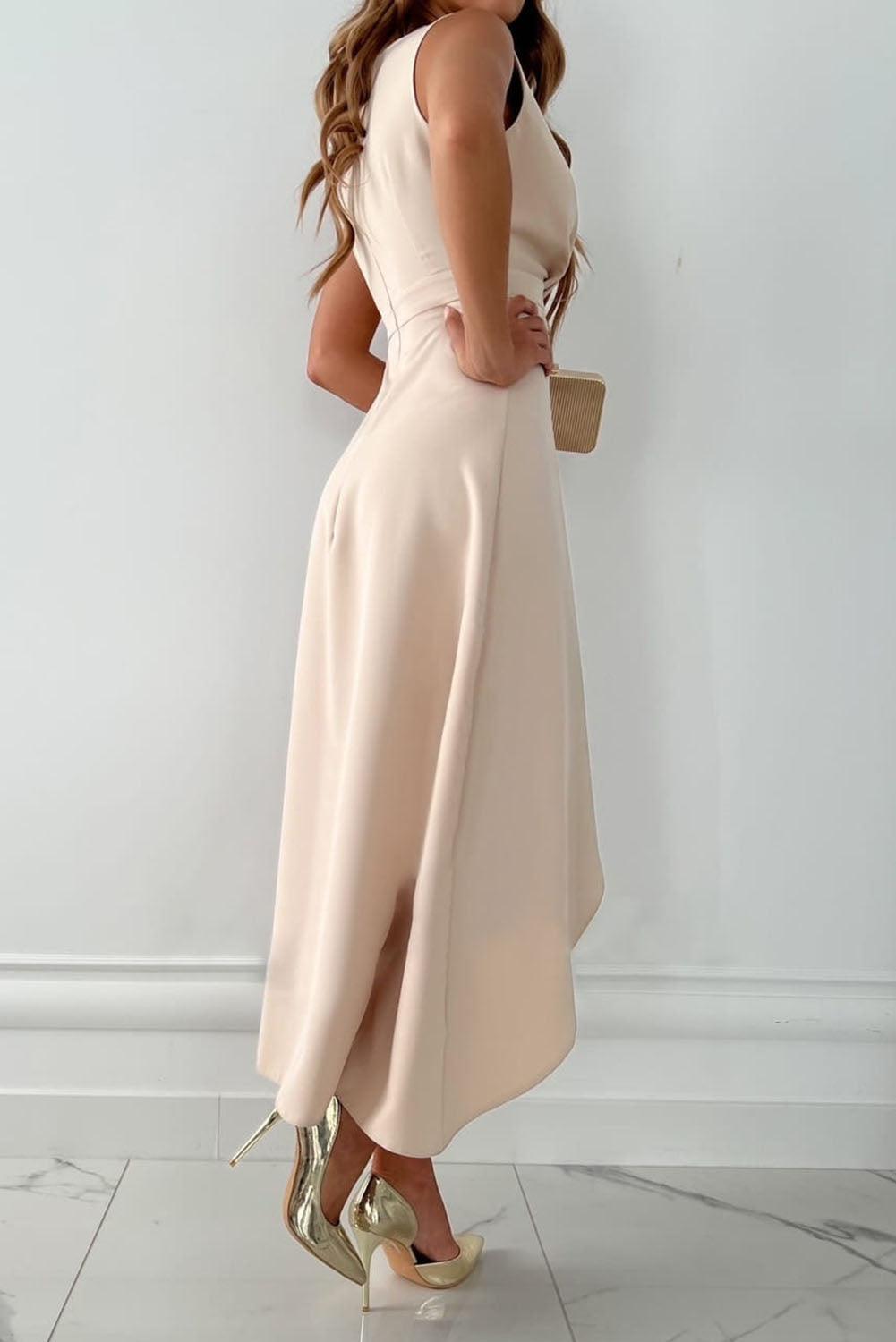 Alethea | Women's Sleeveless Asymmetric Midi Wedding Guest Dress in Blush Satin