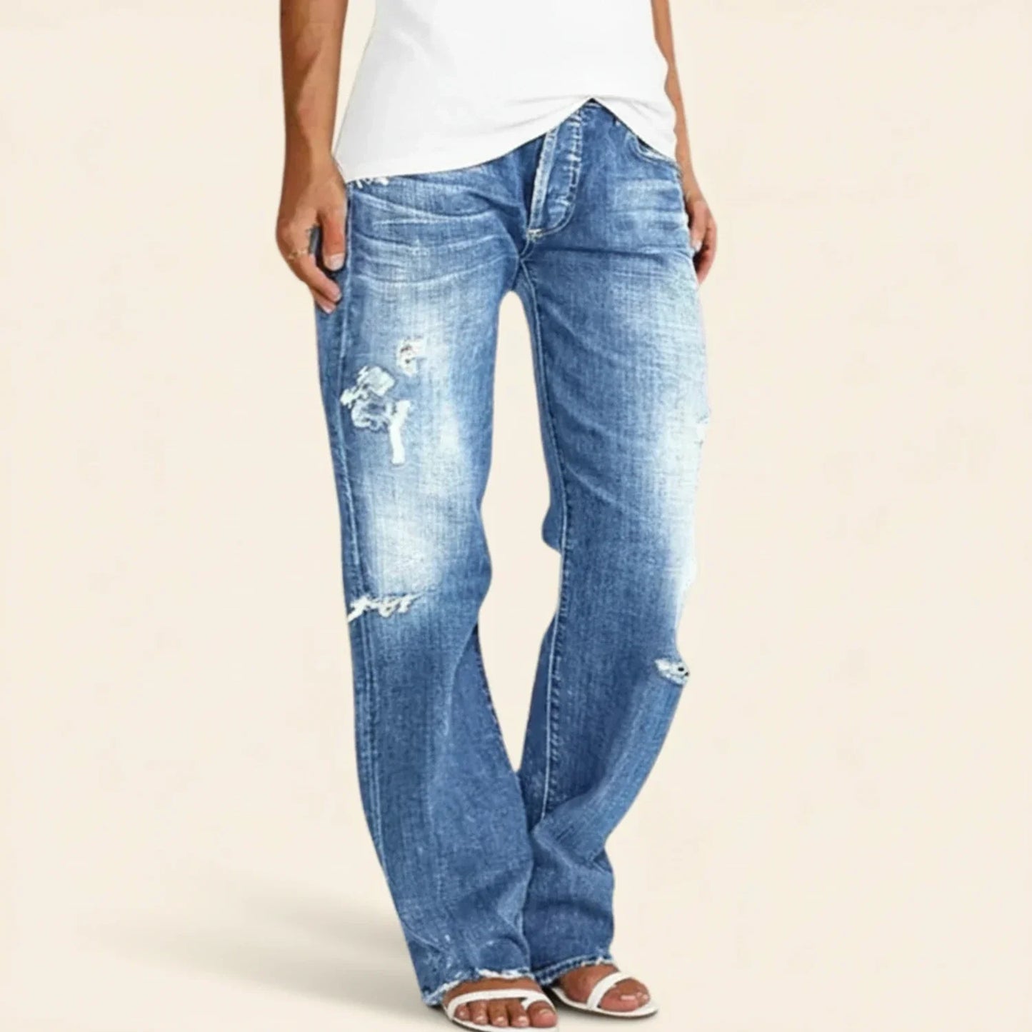 Astrid | Women’s Distressed Dark Blue Ripped High Rise Straight Jeans