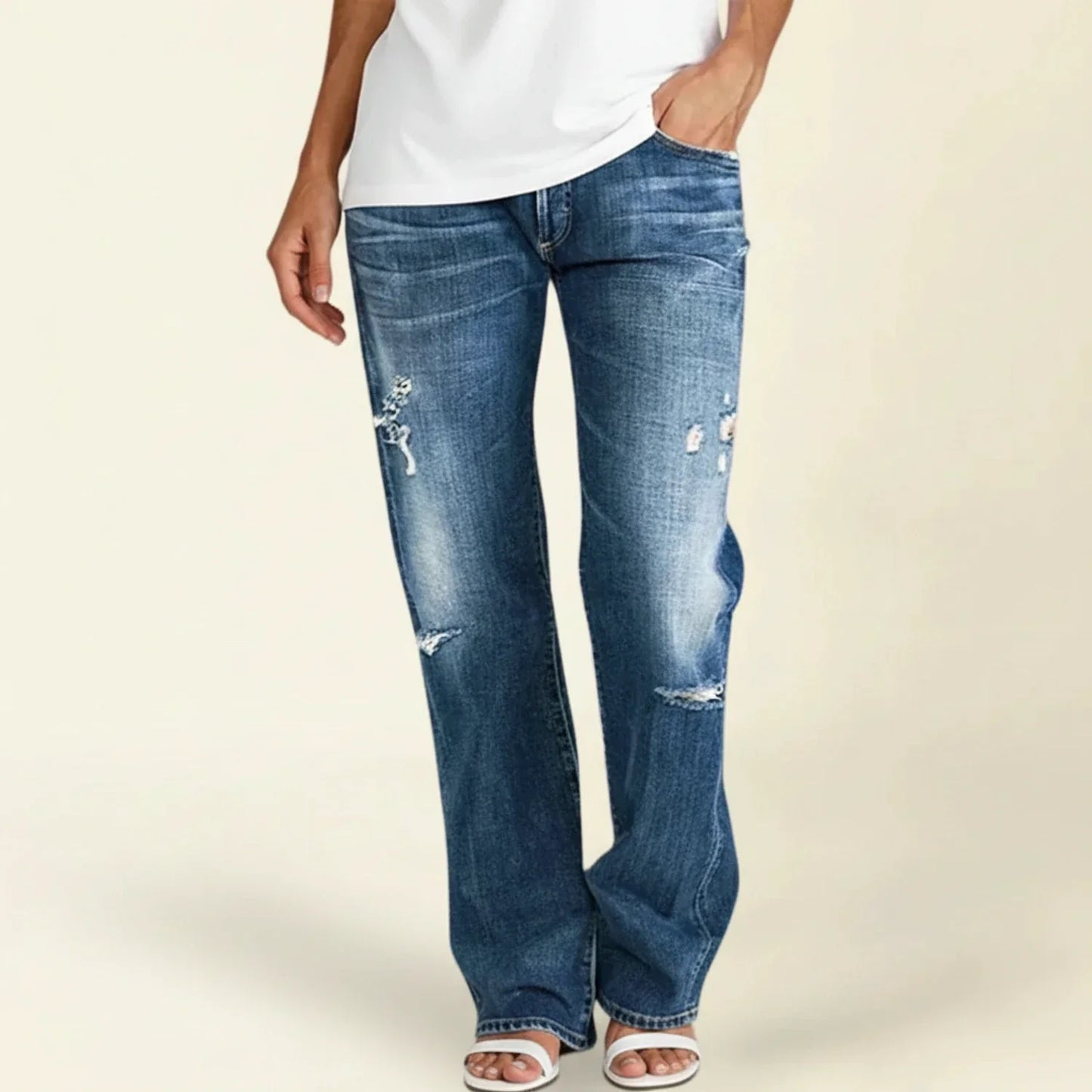 Astrid | Women’s Distressed Dark Blue Ripped High Rise Straight Jeans