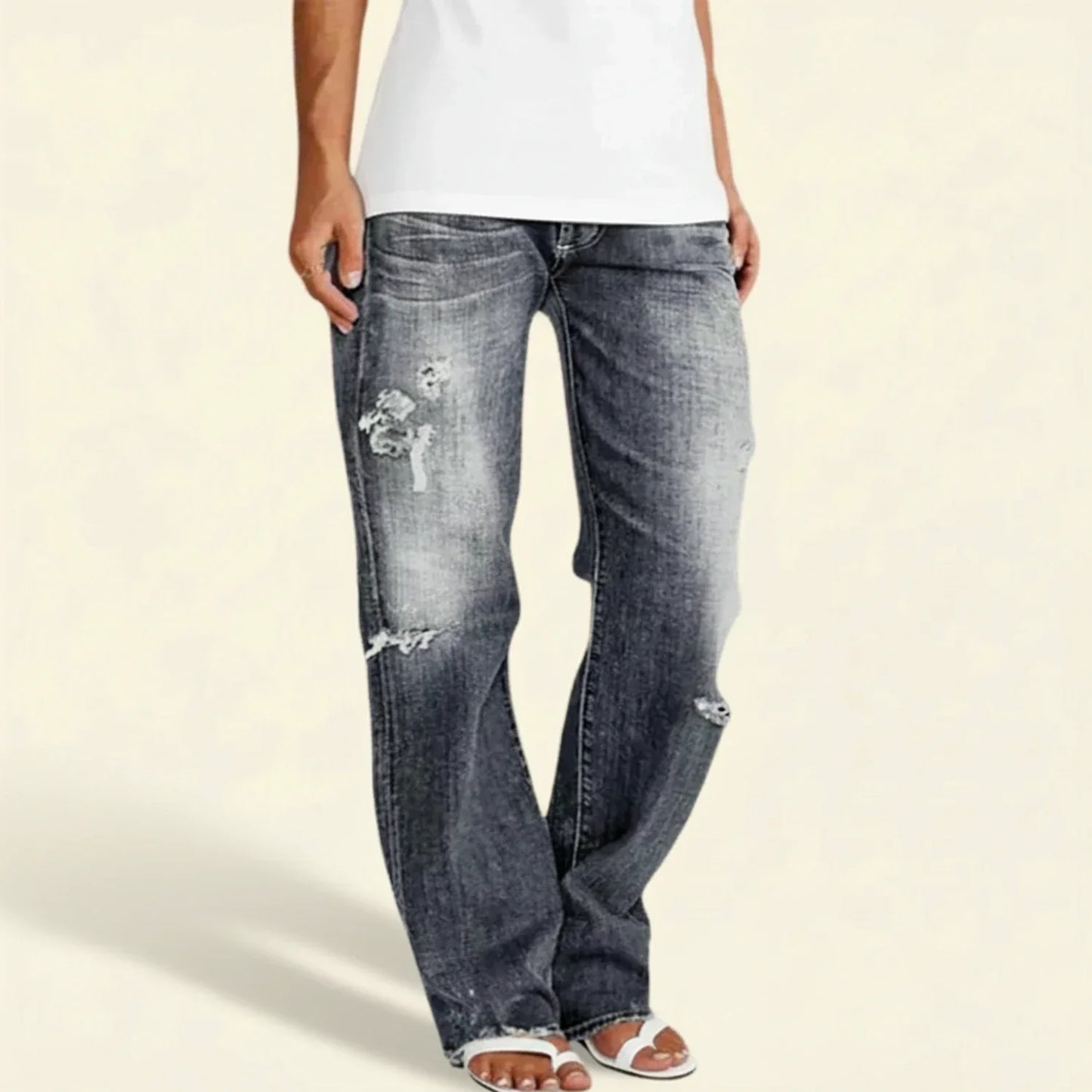 Astrid | Women’s Distressed Dark Blue Ripped High Rise Straight Jeans