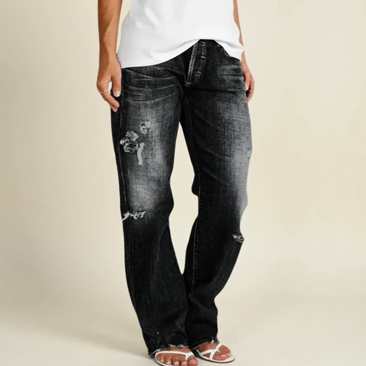 Astrid | Women’s Distressed Dark Blue Ripped High Rise Straight Jeans