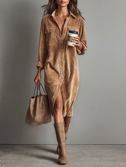 Alethea | Women's Button Front Long Sleeve Corduroy Midi Dress