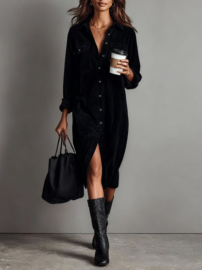 Alethea | Women's Button Front Long Sleeve Corduroy Midi Dress