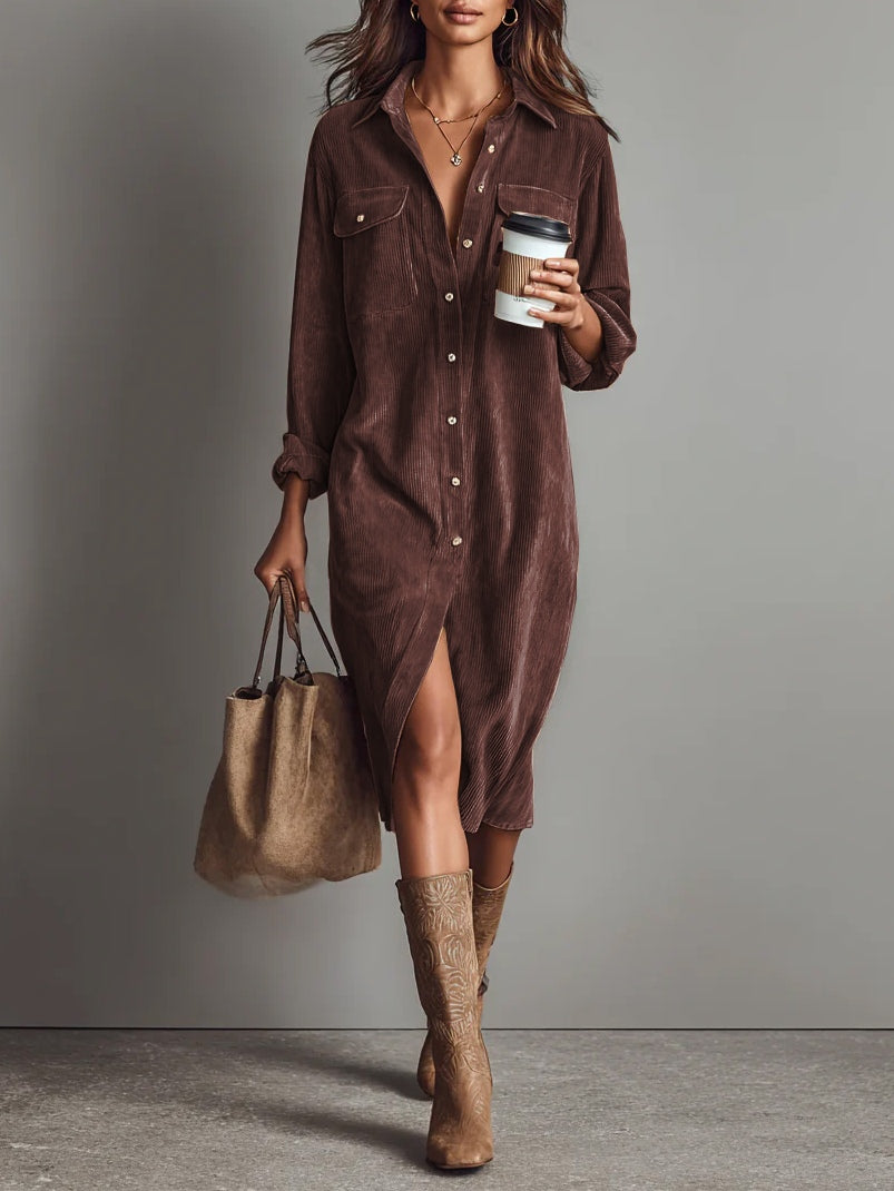Alethea | Women's Button Front Long Sleeve Corduroy Midi Dress