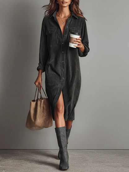 Alethea | Women's Button Front Long Sleeve Corduroy Midi Dress