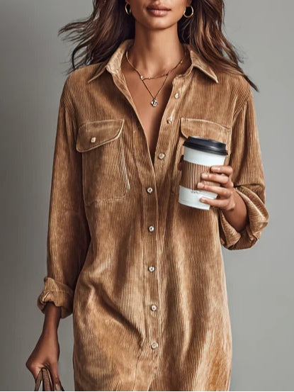 Alethea | Women's Button Front Long Sleeve Corduroy Midi Dress