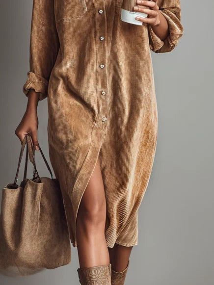 Alethea | Women's Button Front Long Sleeve Corduroy Midi Dress