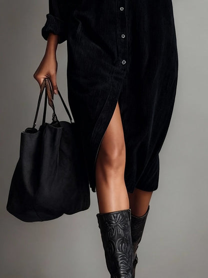 Alethea | Women's Button Front Long Sleeve Corduroy Midi Dress