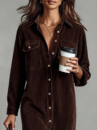 Alethea | Women's Button Front Long Sleeve Corduroy Midi Dress