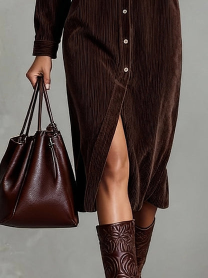 Alethea | Women's Button Front Long Sleeve Corduroy Midi Dress