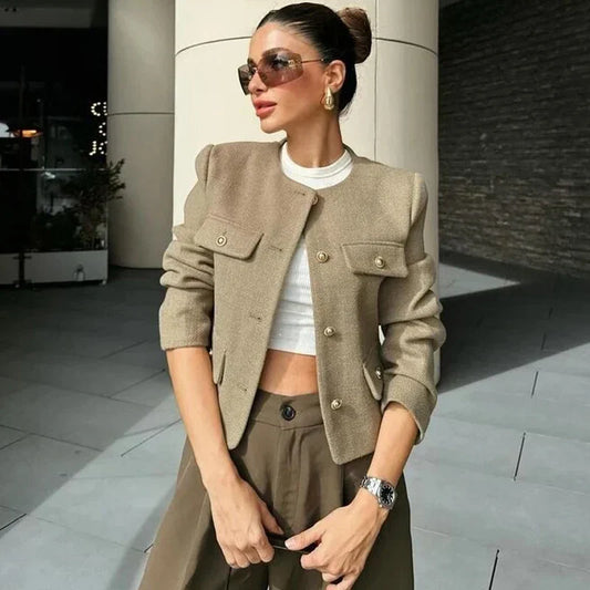 Alethea | Women's Cropped Beige Button Front Bomber Jacket