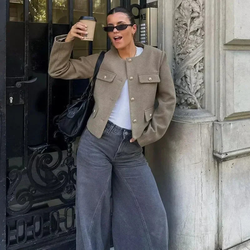 Alethea | Women's Cropped Beige Button Front Bomber Jacket