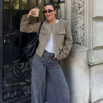 Alethea | Women's Cropped Beige Button Front Bomber Jacket