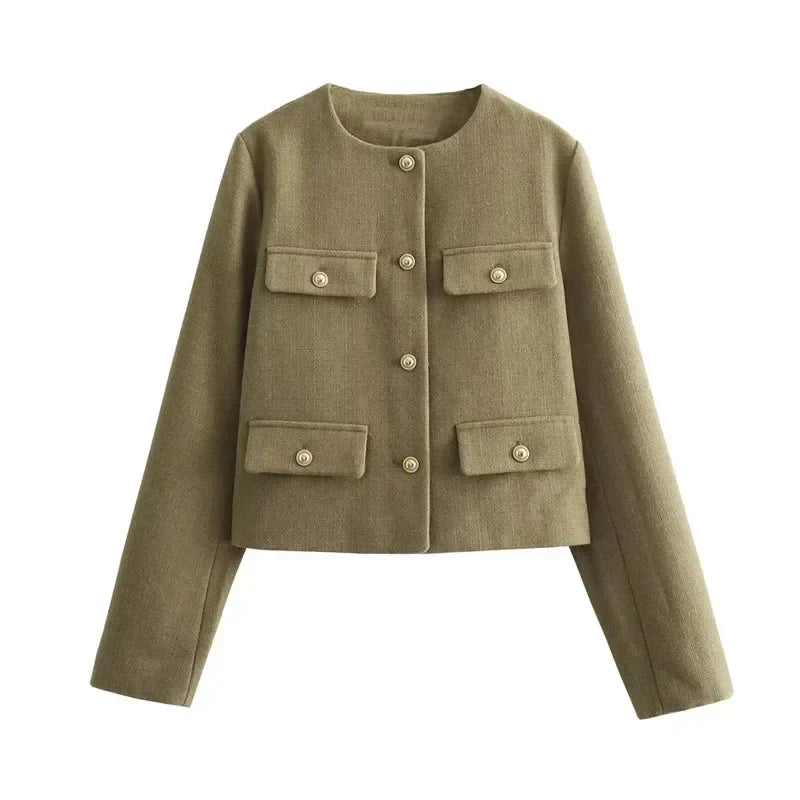 Alethea | Women's Cropped Beige Button Front Bomber Jacket
