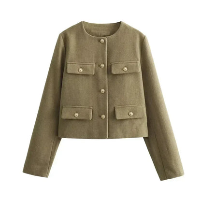 Alethea | Women's Cropped Beige Button Front Bomber Jacket