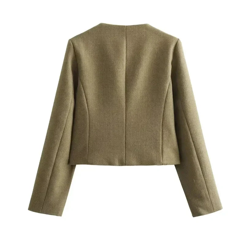 Alethea | Women's Cropped Beige Button Front Bomber Jacket