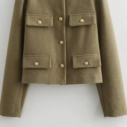 Alethea | Women's Cropped Beige Button Front Bomber Jacket