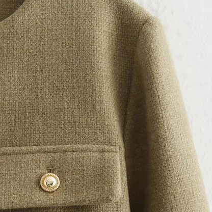 Alethea | Women's Cropped Beige Button Front Bomber Jacket