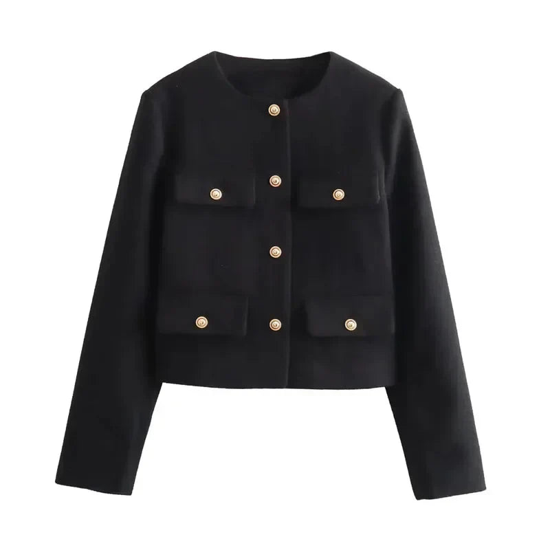 Alethea | Women's Cropped Beige Button Front Bomber Jacket