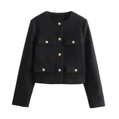 Alethea | Women's Cropped Beige Button Front Bomber Jacket