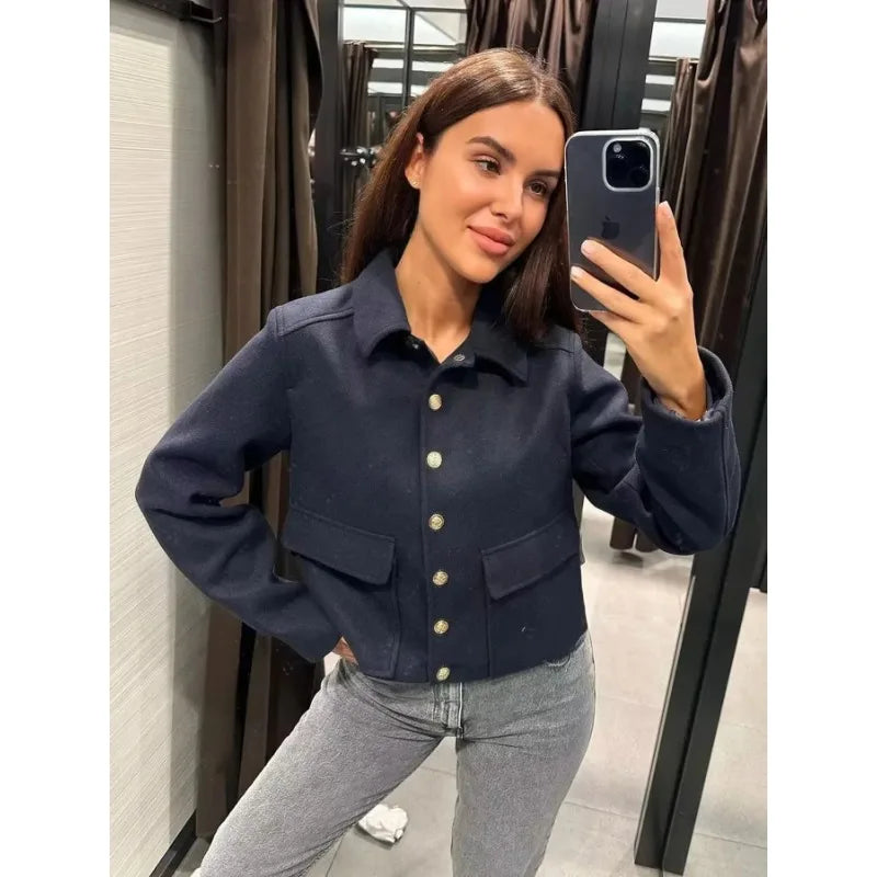 Aurelia | Women's Cropped Dark Navy Button Front Bomber Jacket