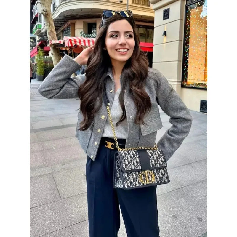Aurelia | Women's Cropped Dark Navy Button Front Bomber Jacket