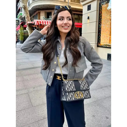Aurelia | Women's Cropped Dark Navy Button Front Bomber Jacket