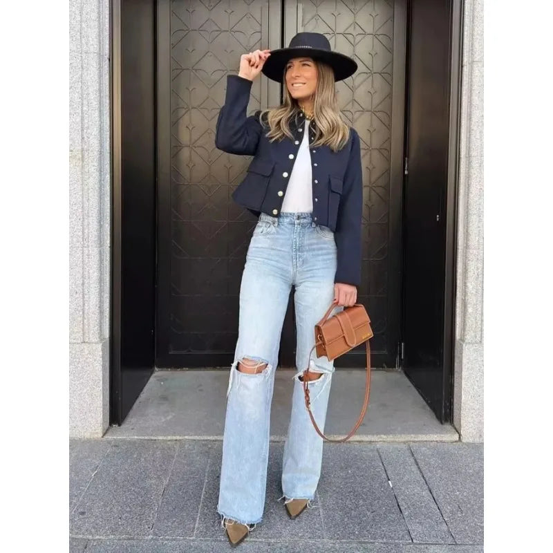 Aurelia | Women's Cropped Dark Navy Button Front Bomber Jacket