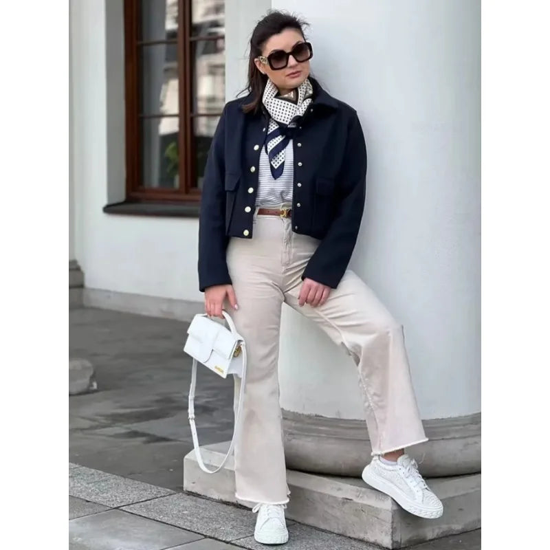 Aurelia | Women's Cropped Dark Navy Button Front Bomber Jacket