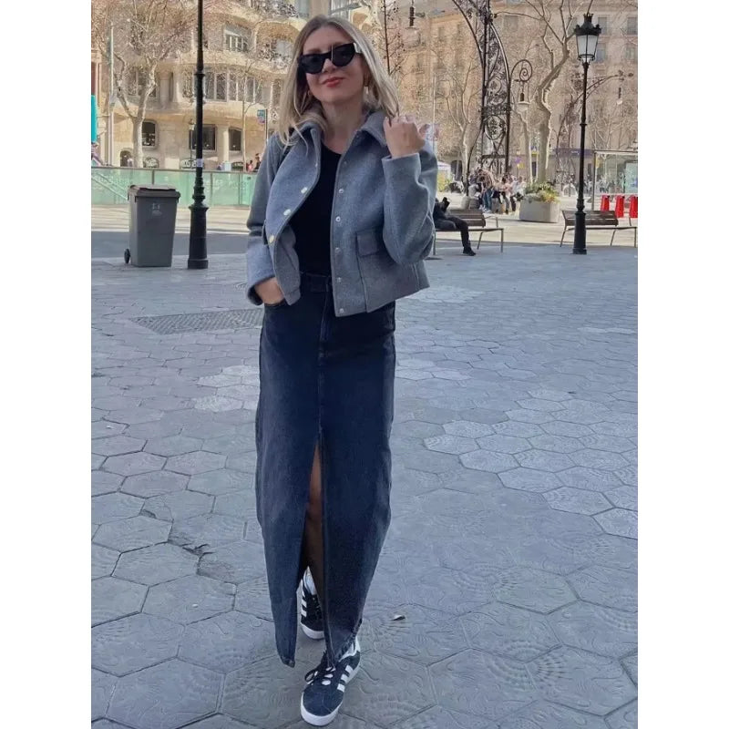 Aurelia | Women's Cropped Dark Navy Button Front Bomber Jacket