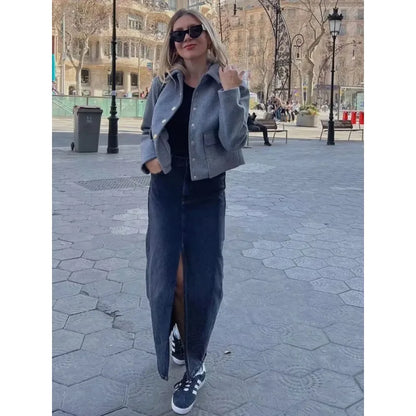 Aurelia | Women's Cropped Dark Navy Button Front Bomber Jacket