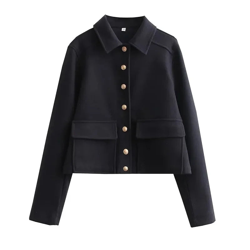 Aurelia | Women's Cropped Dark Navy Button Front Bomber Jacket