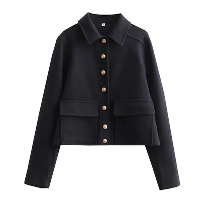 Aurelia | Women's Cropped Dark Navy Button Front Bomber Jacket