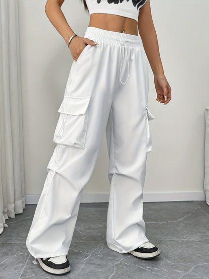 Astrid | Women's Wide Leg Cargo Pocket Drawstring Pants in White