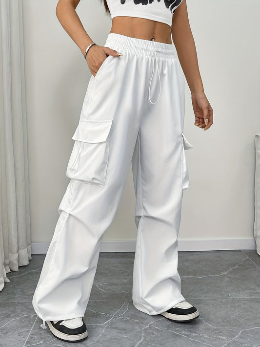 Astrid | Women's Wide Leg Cargo Pocket Drawstring Pants in White