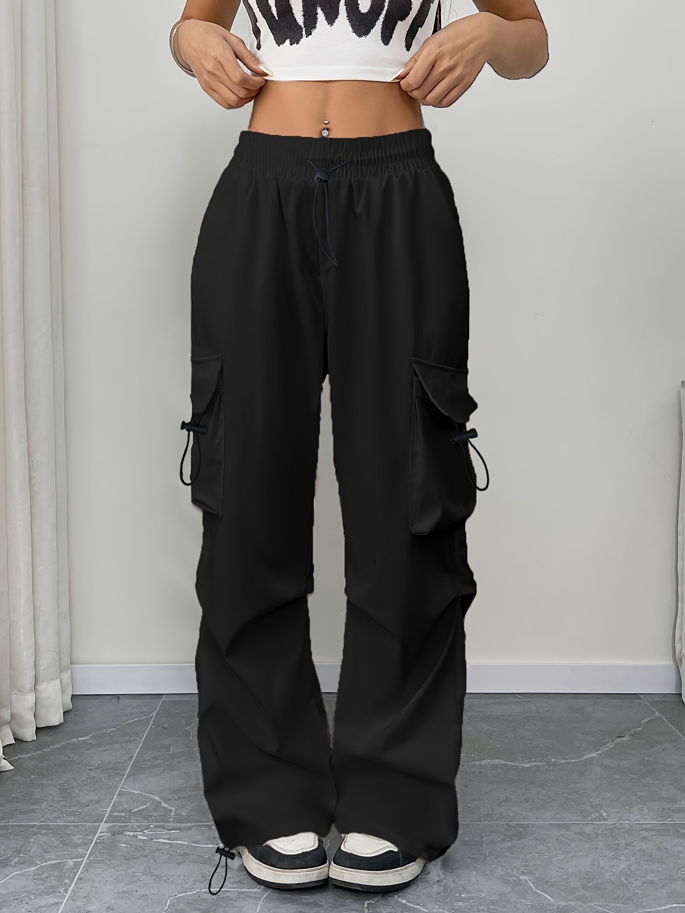 Astrid | Women's Wide Leg Cargo Pocket Drawstring Pants in White