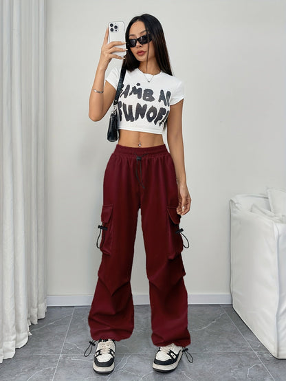 Astrid | Women's Wide Leg Cargo Pocket Drawstring Pants in White