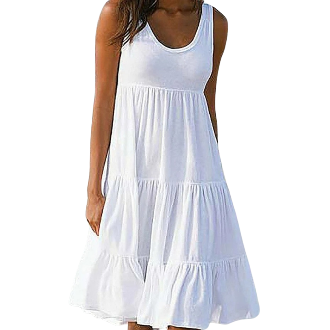 Astrid | Women’s Boho Sleeveless Tiered Midi Dress in White Linen