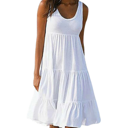 Astrid | Women’s Boho Sleeveless Tiered Midi Dress in White Linen