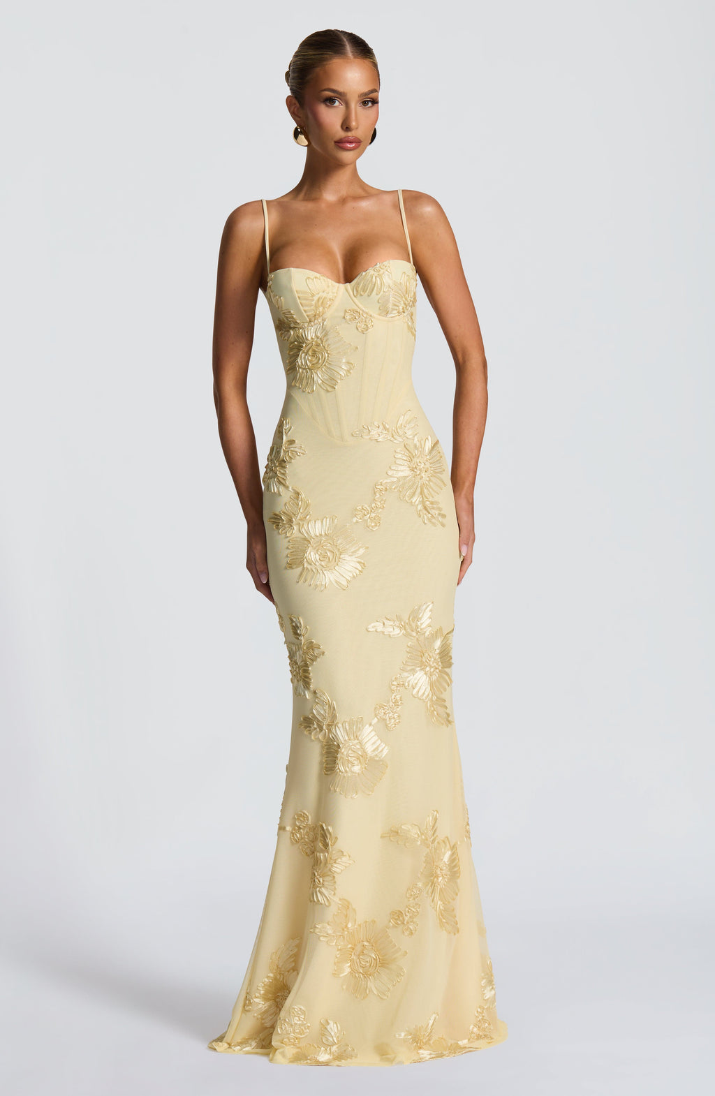 Calista | Women's Luxe Floral Embroidered Maxi Wedding Guest Dress in Champagne