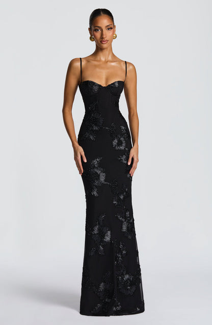 Calista | Women's Luxe Floral Embroidered Maxi Wedding Guest Dress in Champagne