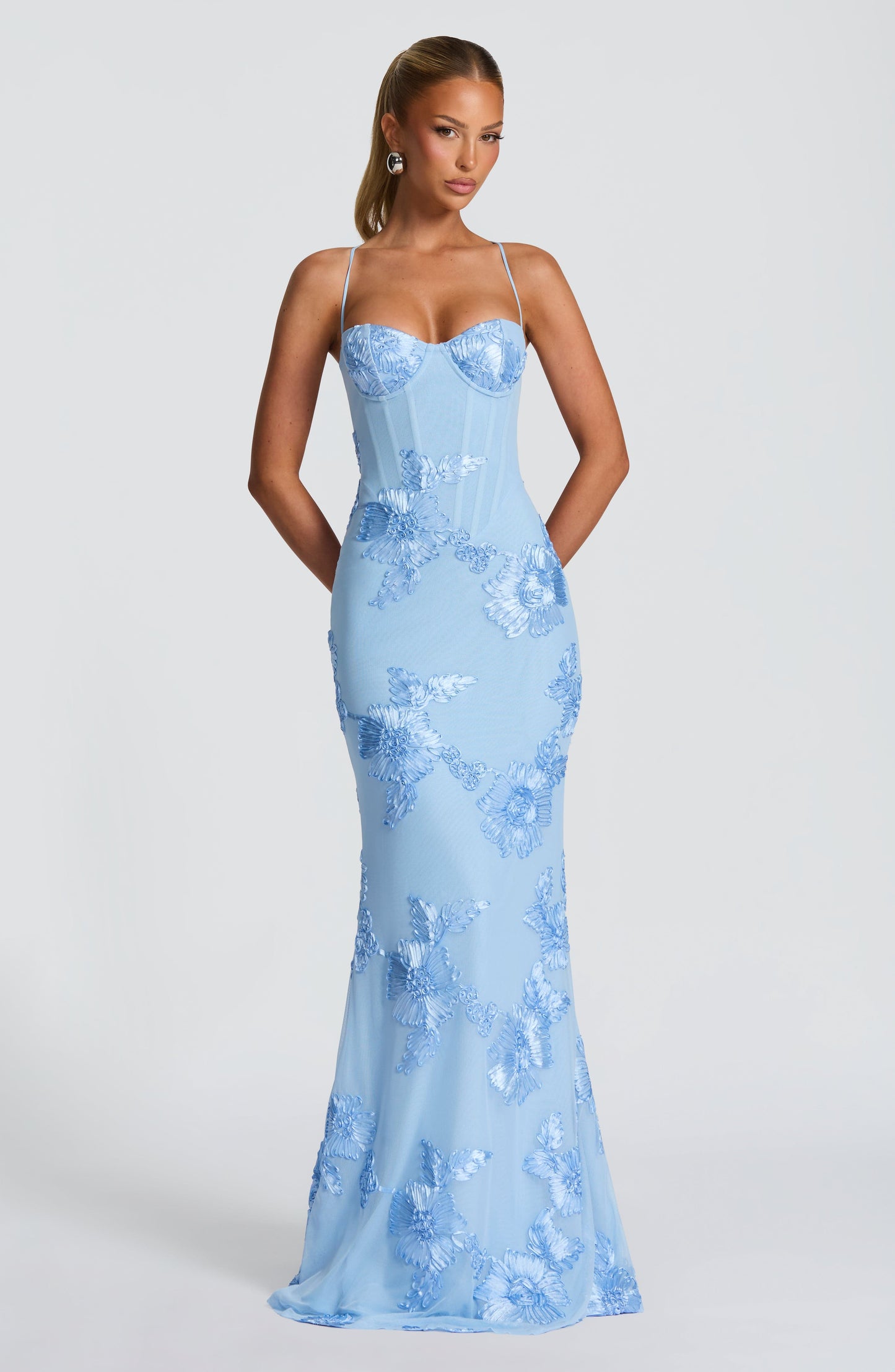 Calista | Women's Luxe Floral Embroidered Maxi Wedding Guest Dress in Champagne