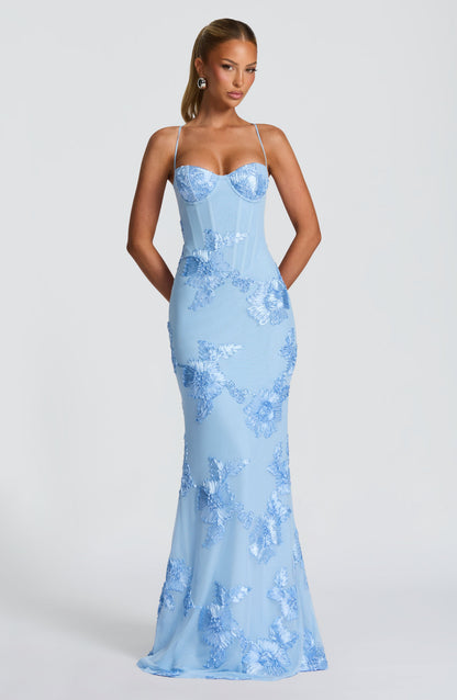 Calista | Women's Luxe Floral Embroidered Maxi Wedding Guest Dress in Champagne